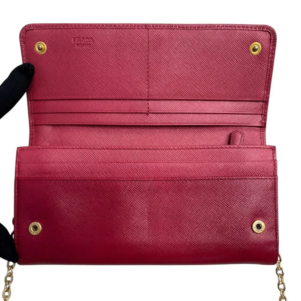 PRADA Magenta Saffiano Leather Bow Wallet with added Chain - Picture 7 of 9